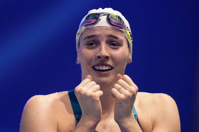 Angelina Köhler aus Deutschland jubelt. Bei den Schwimm-Europameisterschaften schwomm sie über 100m Schmetterling eine neue deutsche Rekordzeit.