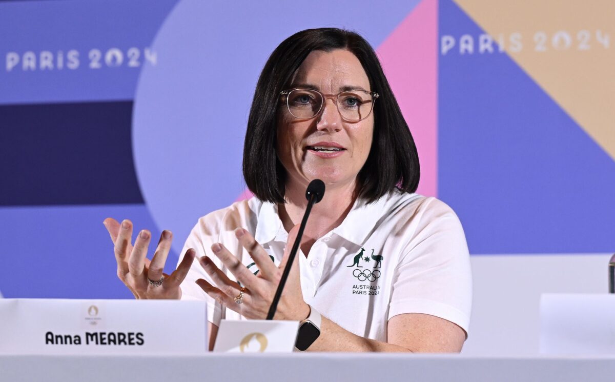 Die australische Chef de Mission, Anna Meares spricht bei einer Pressekonferenz in Paris.