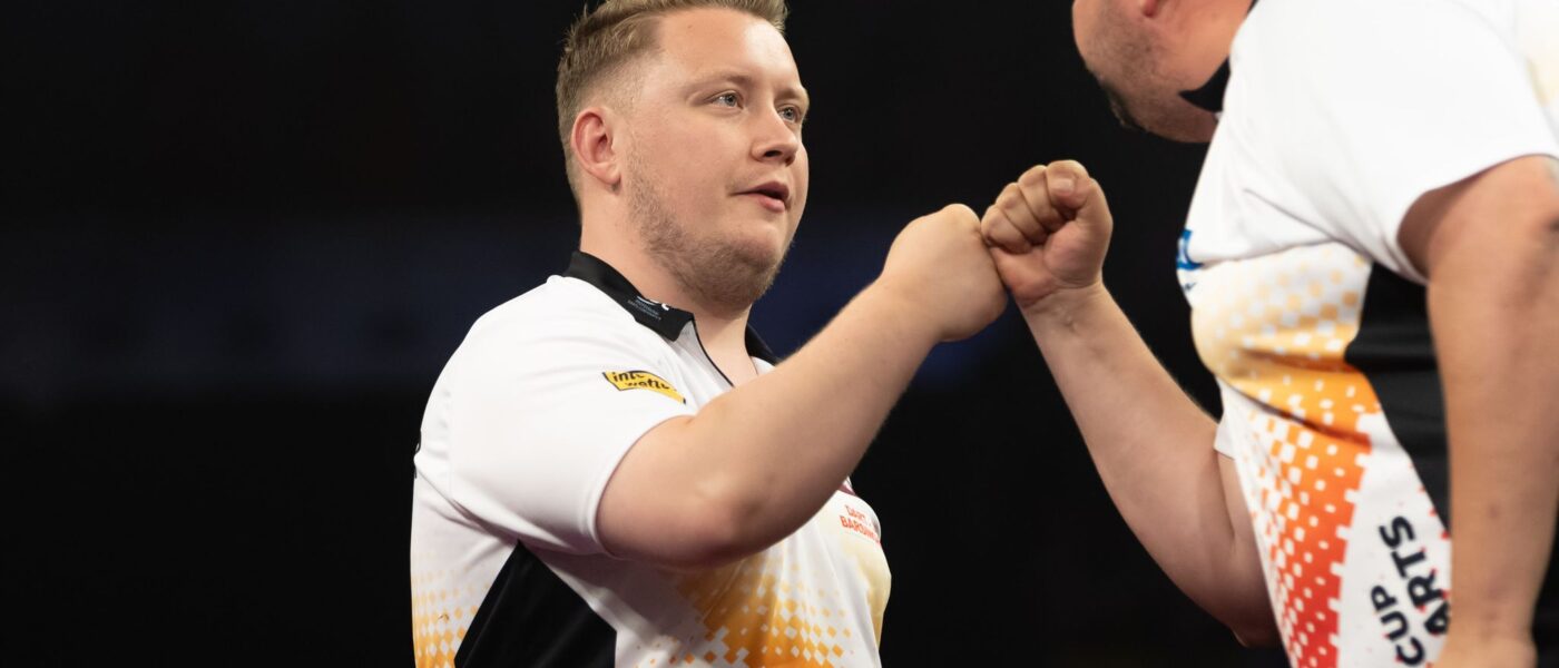 Starteten bei der Darts-EM in Dortmund: Gabriel Clemens (Deutschland, r) und Martin Schindler (Deutschland).